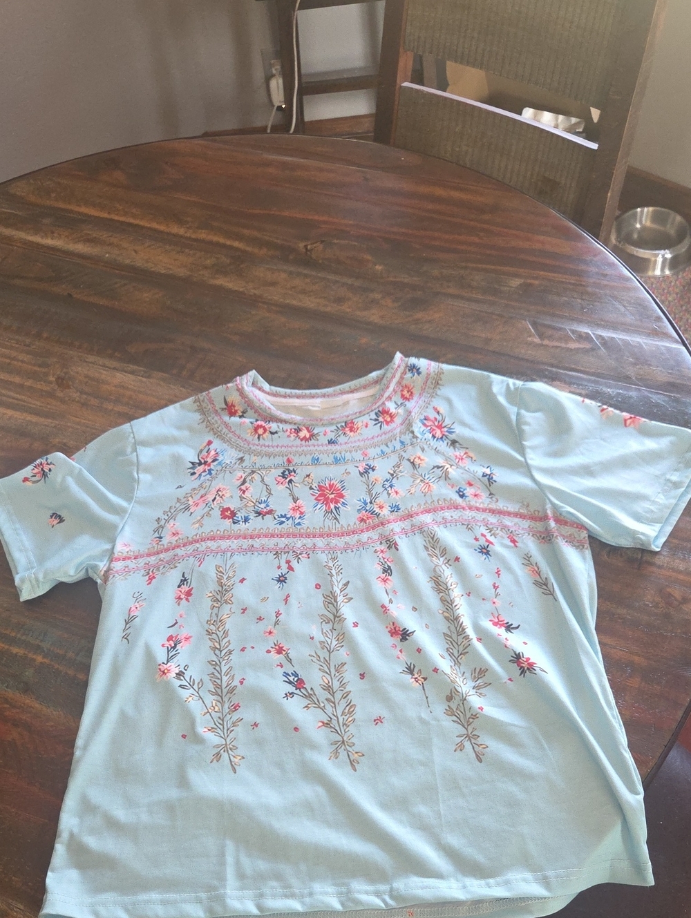 Girls' Embroidered Light Blue Floral Tee